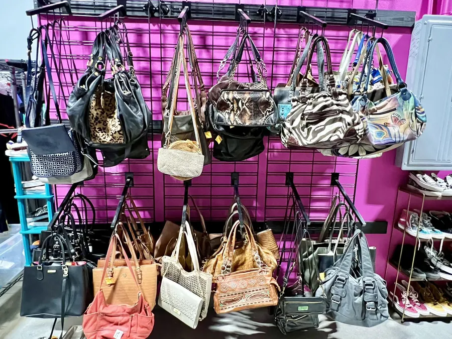 Handbags and purses hanging on a display wall